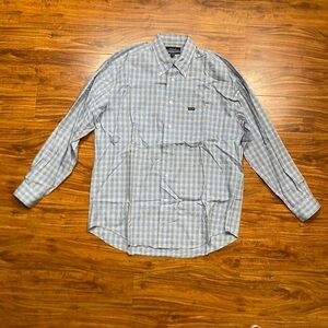 Faconnable Men Light Blue White Plaid Relaxed Fit Button Down Shirt Size Large